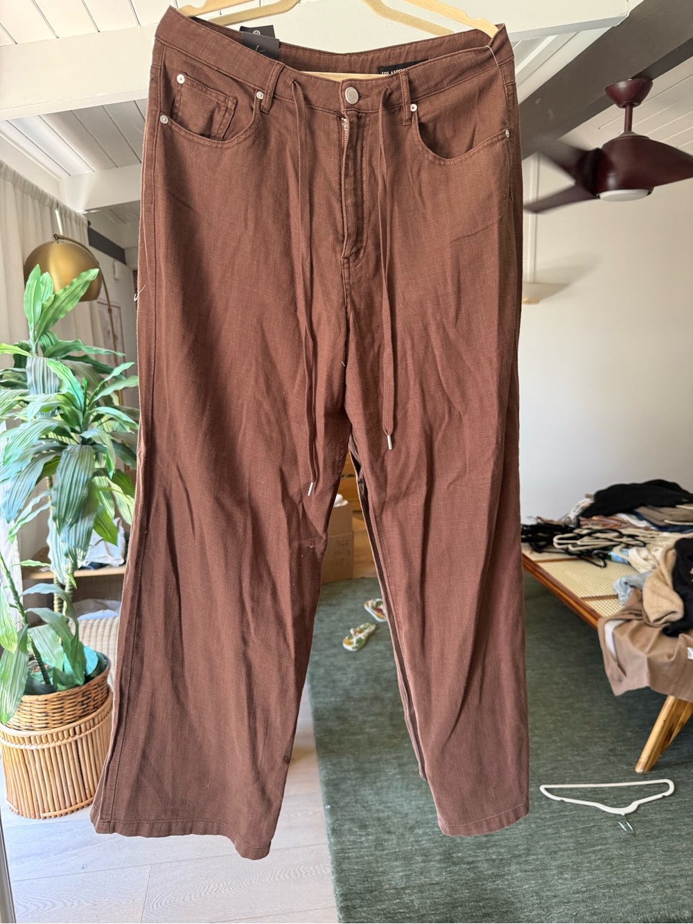 Blank NYC Brown Wide-Leg High-Rise Drawstring Pants
